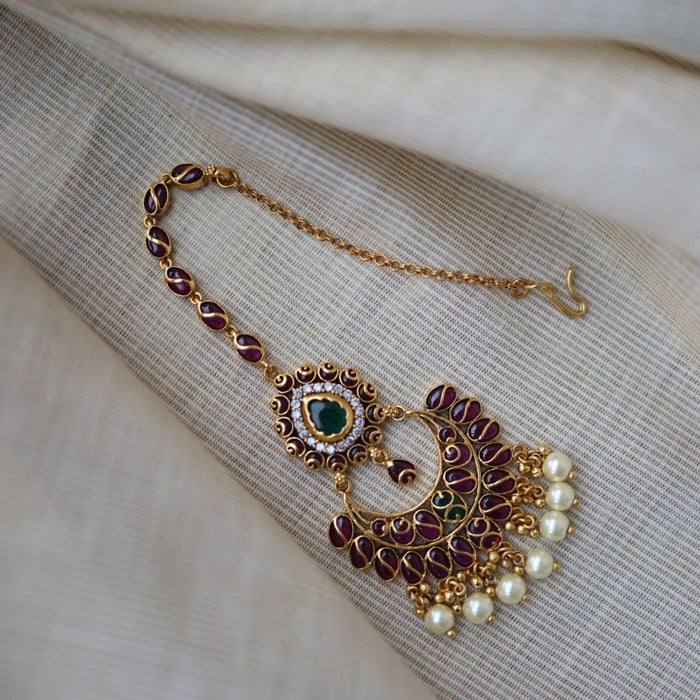 Antique gold ruby stone maang tikka TA622