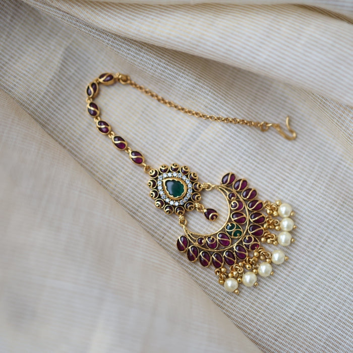 Antique gold ruby stone maang tikka TA622