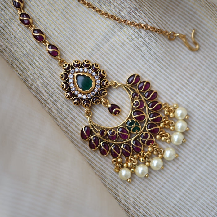 Antique gold ruby stone maang tikka TA622