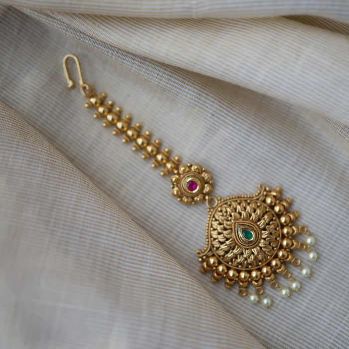 Antique gold ruby green stone maang tikka TA511