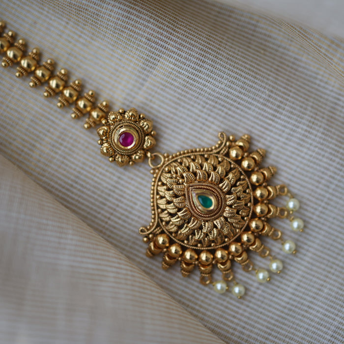 Antique gold ruby green stone maang tikka TA511