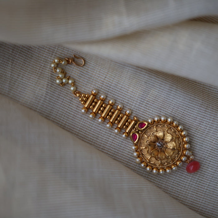 Antique gold ruby white stone maang tikka TA513
