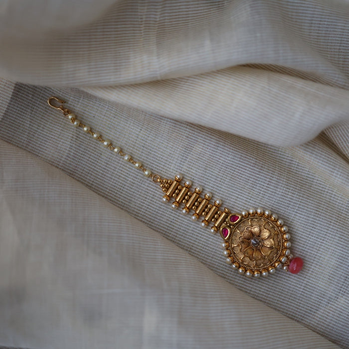 Antique gold ruby white stone maang tikka TA513