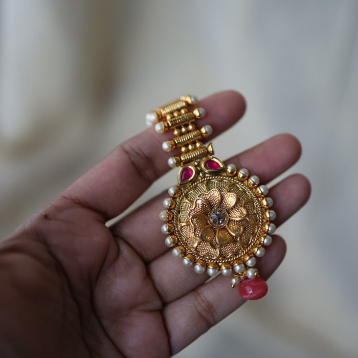 Antique gold ruby white stone maang tikka TA513
