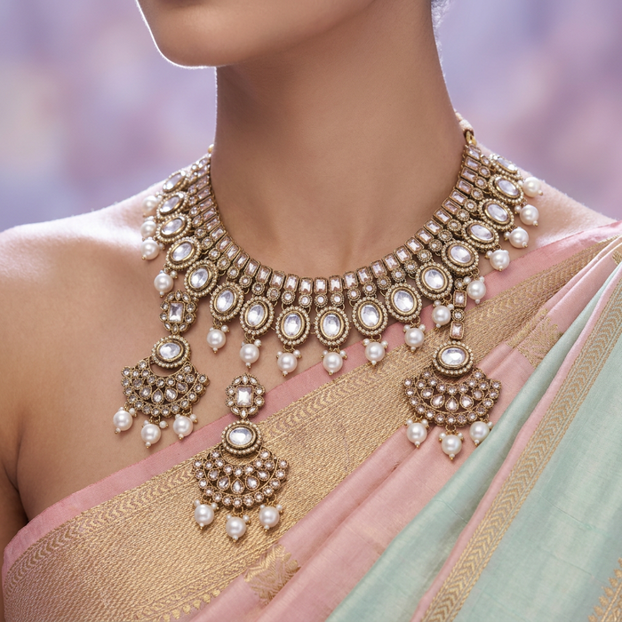 Trendy white stone short necklace and earrings TW302