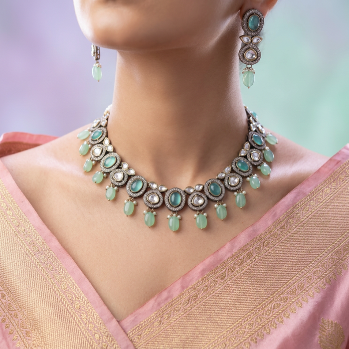 Trendy mint stone short necklace and earrings TM301