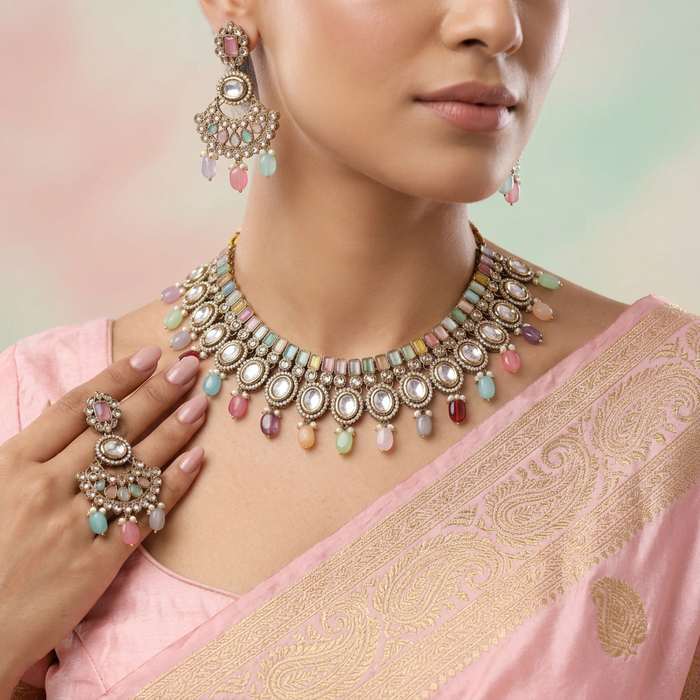 Trendy multi stone short necklace and earrings TM308