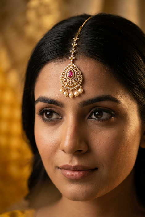 Heritage gold plated white and ruby stone tikka TH1112