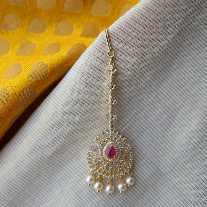 Heritage gold plated white and ruby stone tikka TH1112