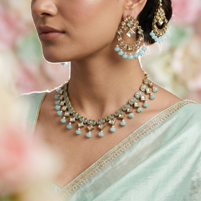 Trendy blue stone short necklace with jumka and tikka TM5310