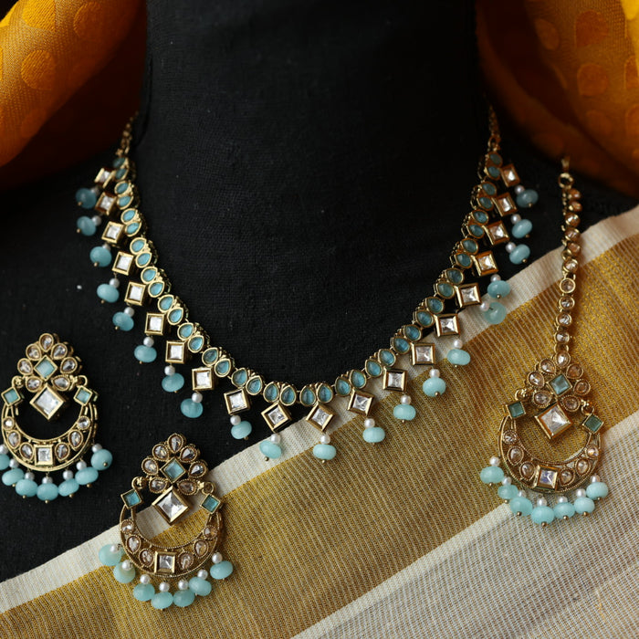Trendy blue stone short necklace with jumka and tikka TM5310