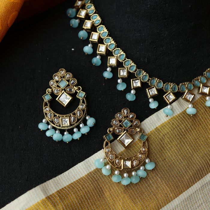 Trendy blue stone short necklace with jumka and tikka TM5310