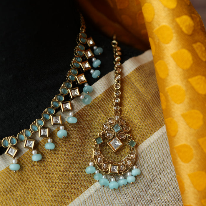 Trendy blue stone short necklace with jumka and tikka TM5310