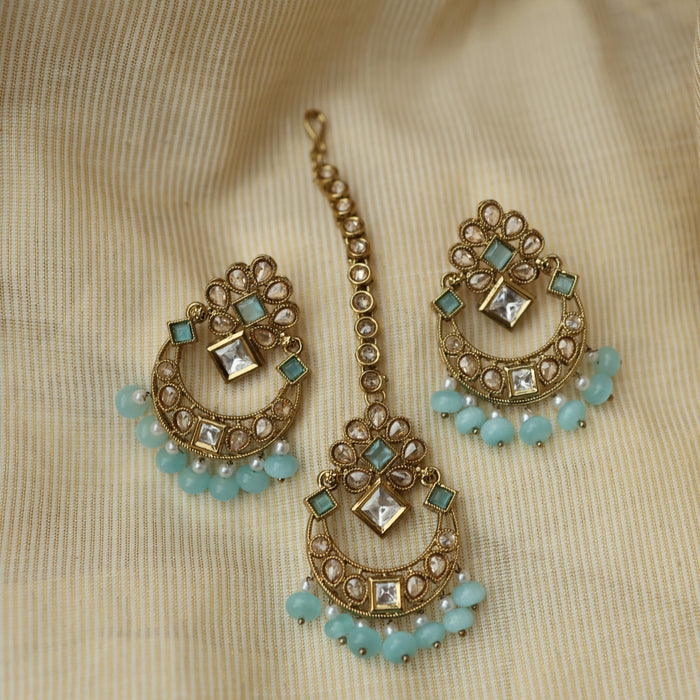 Trendy blue stone short necklace with jumka and tikka TM5310