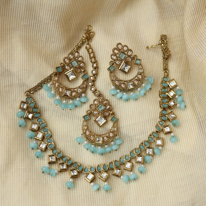 Trendy blue stone short necklace with jumka and tikka TM5310