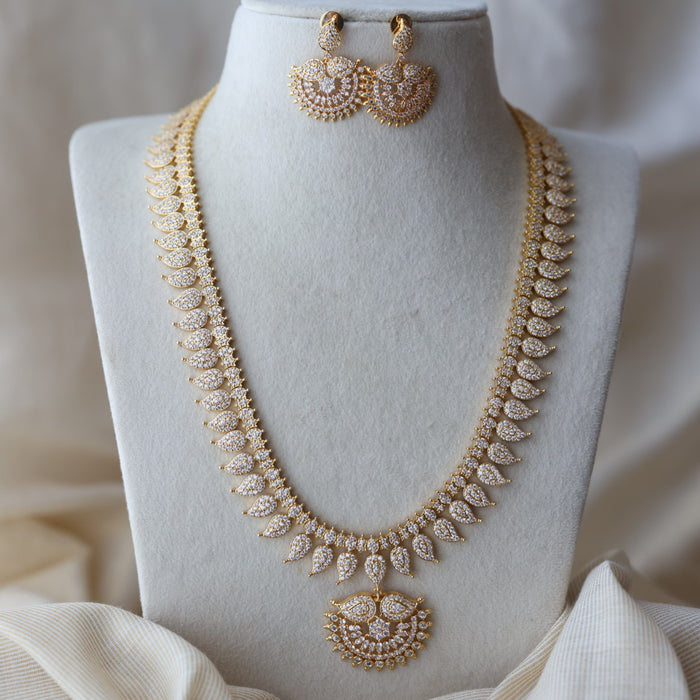 Heritage gold plated white stone mango design long necklace with earring HWL1149