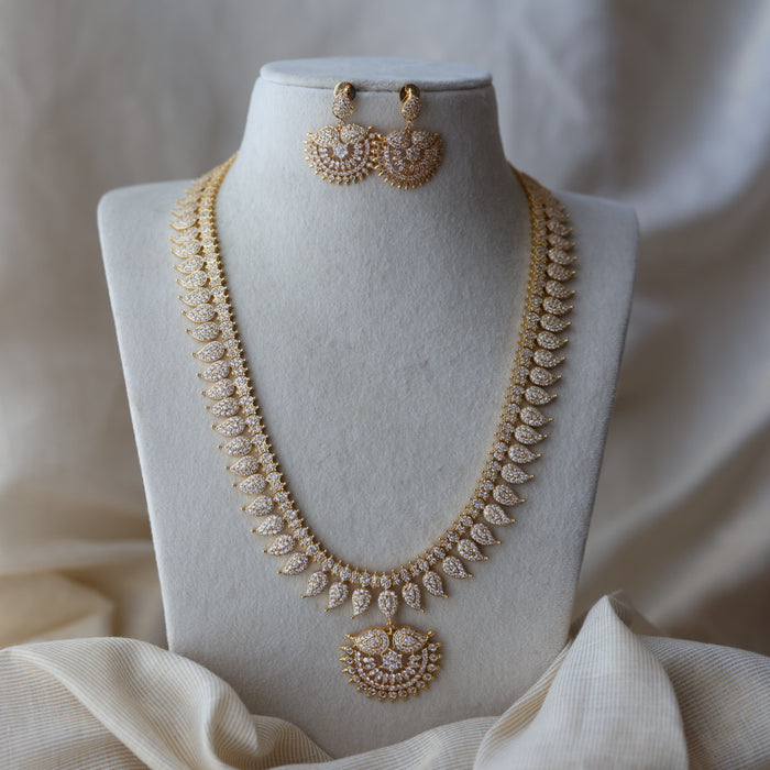 Heritage gold plated white stone mango design long necklace with earring HWL1149
