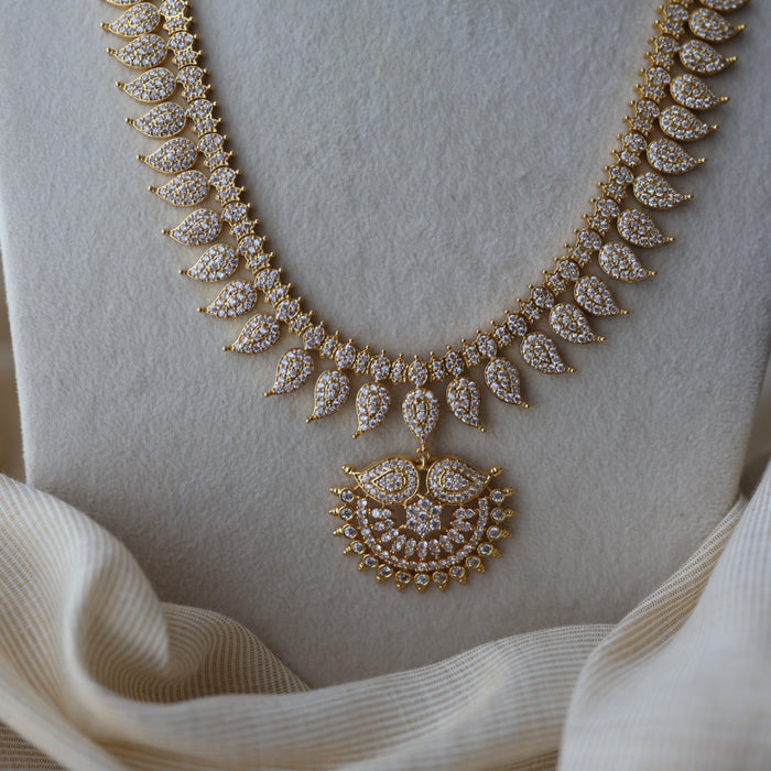 Heritage gold plated white stone mango design long necklace with earring HWL1149