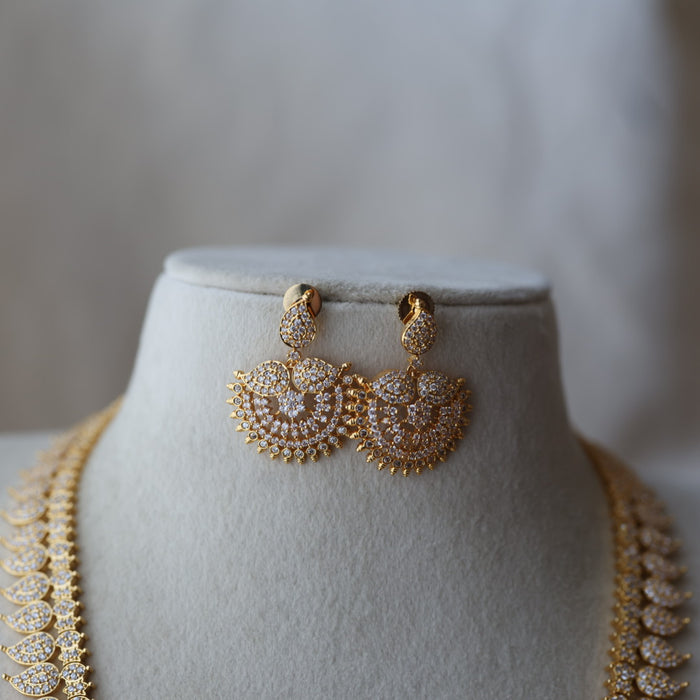 Heritage gold plated white stone mango design long necklace with earring HWL1149