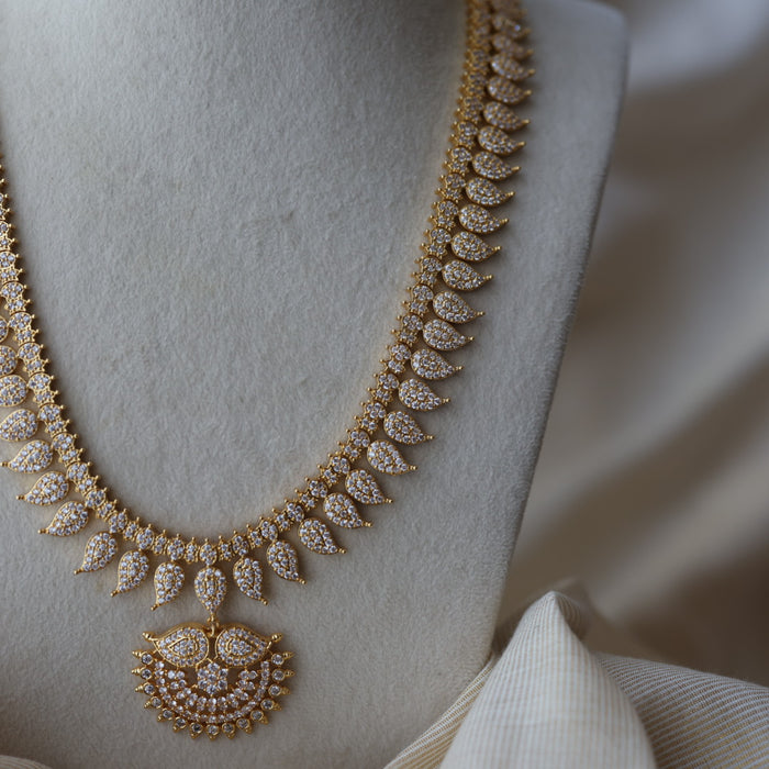 Heritage gold plated white stone mango design long necklace with earring HWL1149