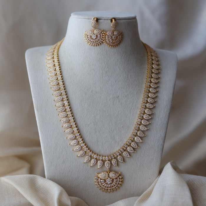 Heritage gold plated white stone mango design long necklace with earring HWL1149