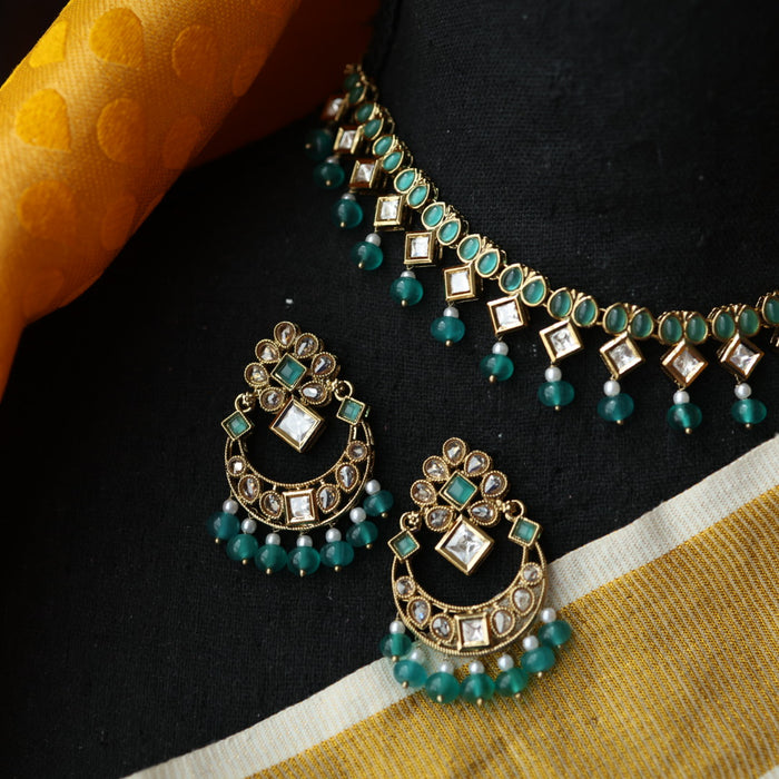 Trendy green pearl short necklace with jumka and tikka TG399