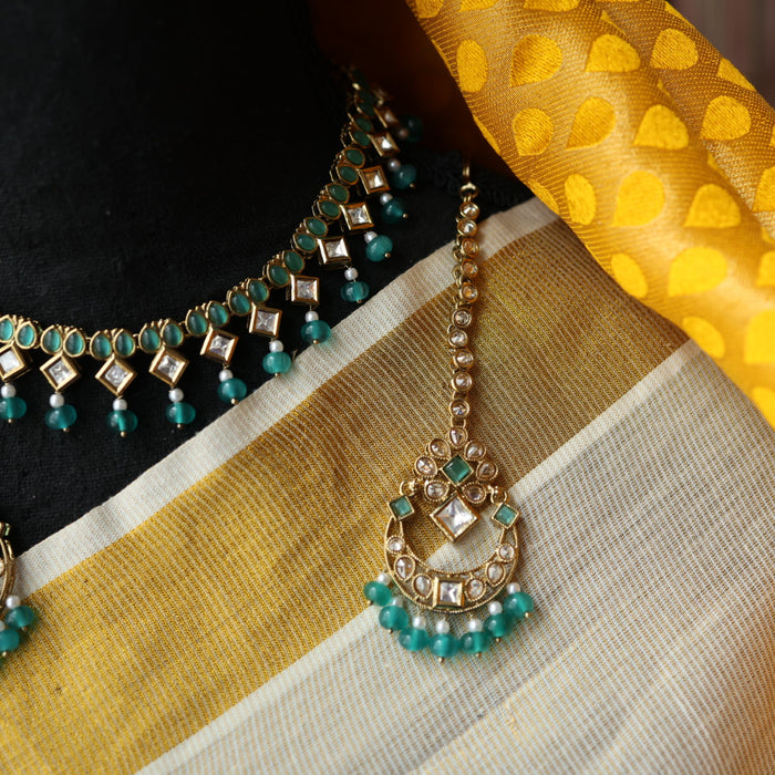 Trendy green pearl short necklace with jumka and tikka TG399