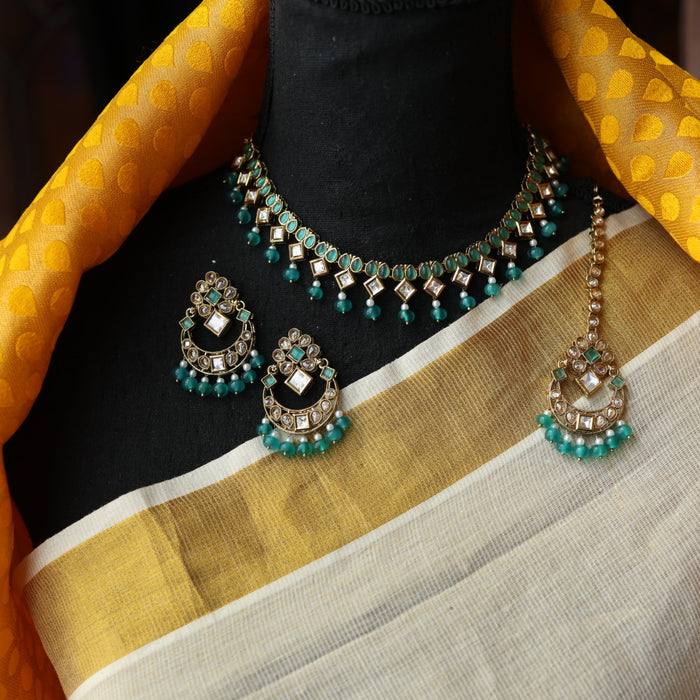 Trendy green pearl short necklace with jumka and tikka TG399