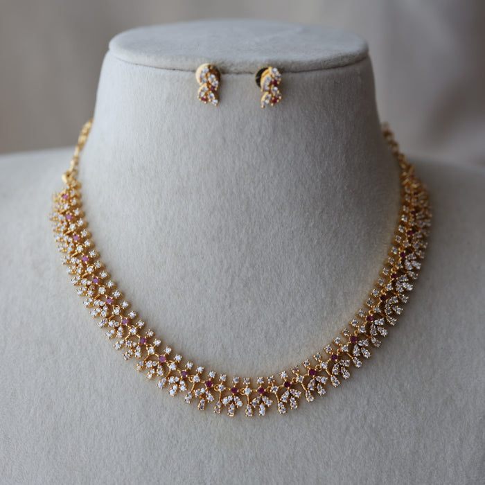Heritage gold plated ruby white stone short necklace with earrings HRW8996