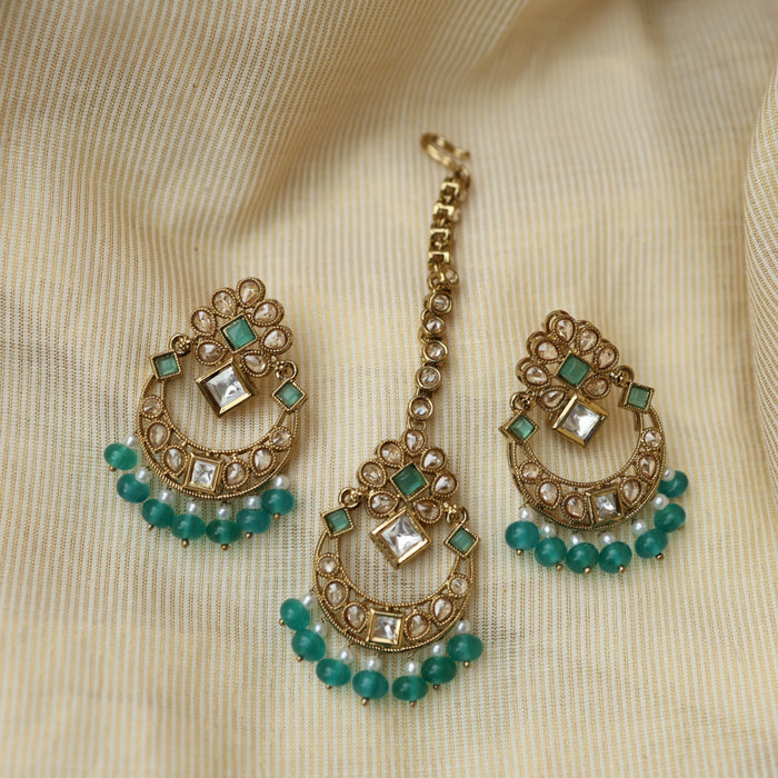 Trendy green pearl short necklace with jumka and tikka TG399
