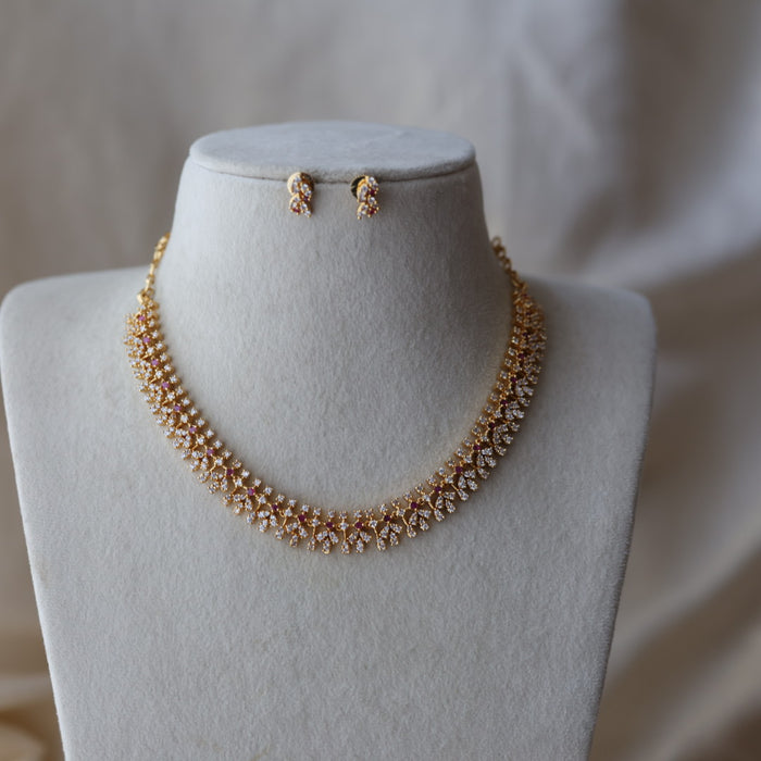 Heritage gold plated ruby white stone short necklace with earrings HRW8996
