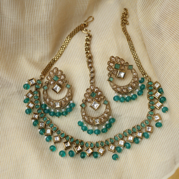 Trendy green pearl short necklace with jumka and tikka TG399