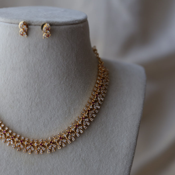 Heritage gold plated ruby white stone short necklace with earrings HRW8996