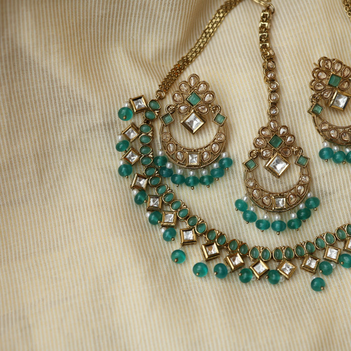 Trendy green pearl short necklace with jumka and tikka TG399