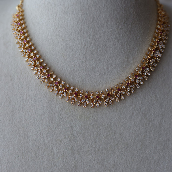 Heritage gold plated ruby white stone short necklace with earrings HRW8996