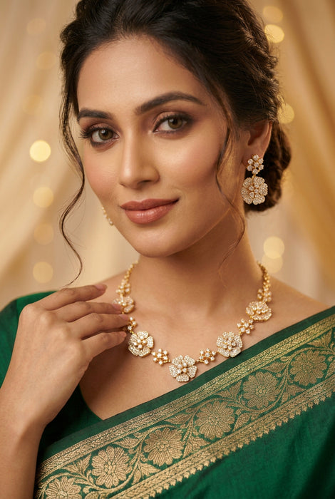 Heritage gold plated white stone short necklace with earrings HW8789