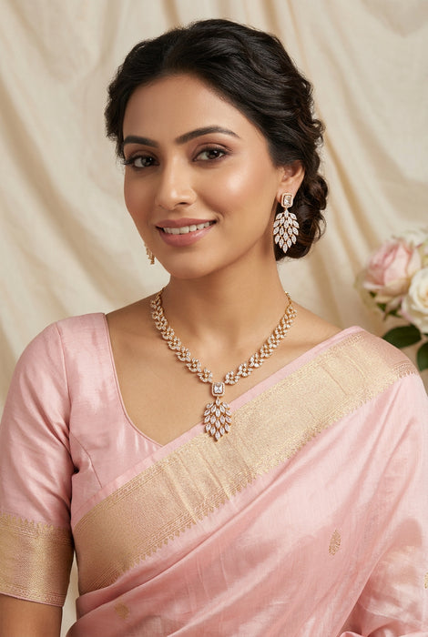 Heritage gold plated white stone short necklace with earrings HW5382