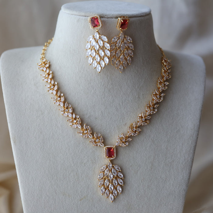 Heritage gold plated ruby white stone short necklace with earrings HW3311
