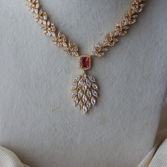 Heritage gold plated ruby white stone short necklace with earrings HW3311