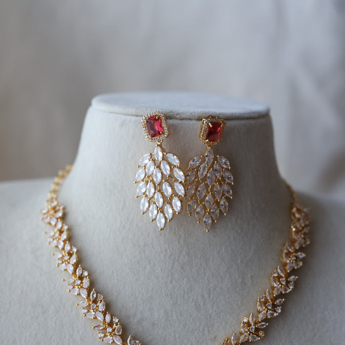 Heritage gold plated ruby white stone short necklace with earrings HW3311