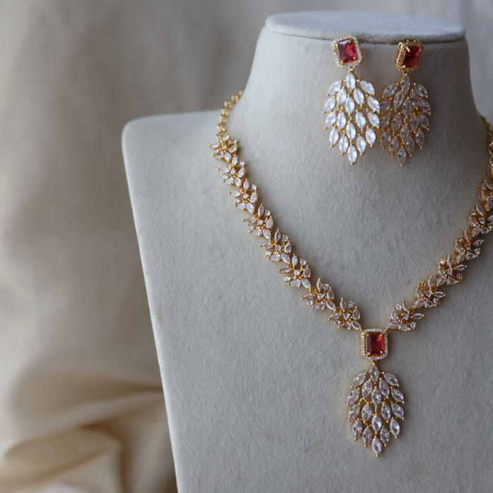 Heritage gold plated ruby white stone short necklace with earrings HW3311