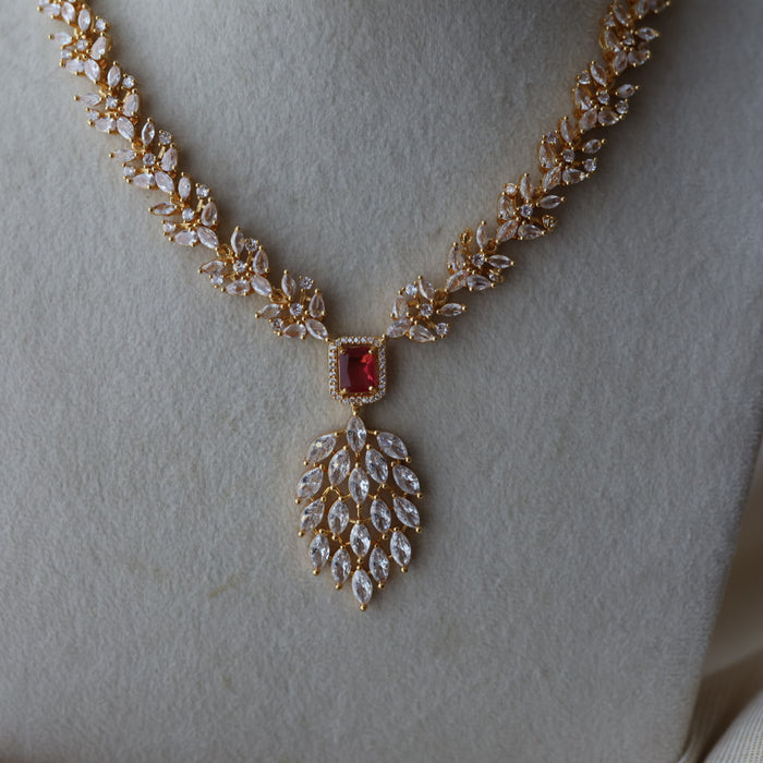 Heritage gold plated ruby white stone short necklace with earrings HW3311