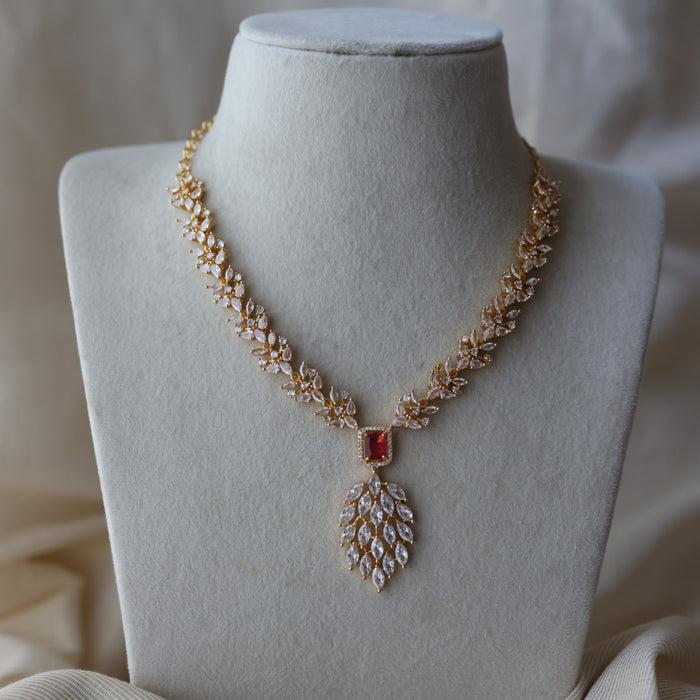 Heritage gold plated ruby white stone short necklace with earrings HW3311