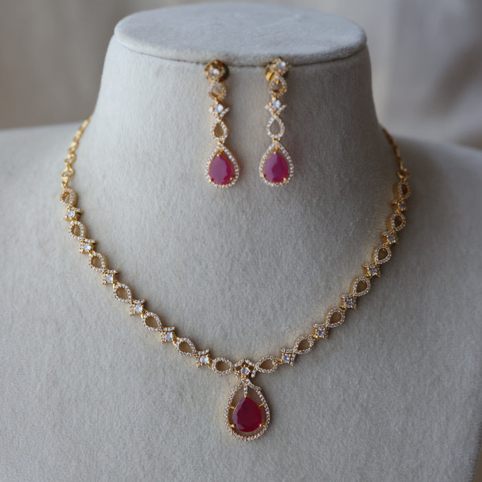 Heritage gold plated ruby white stone short necklace with earrings HRW1823