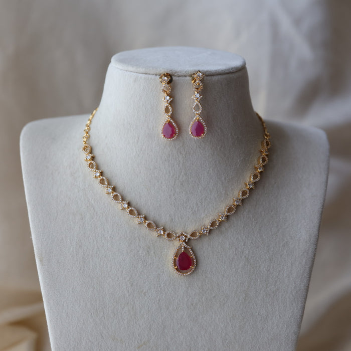 Heritage gold plated ruby white stone short necklace with earrings HRW1823