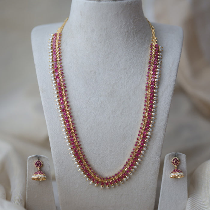 Heritage gold plated short and long ruby stone necklace set with earrings HPS677