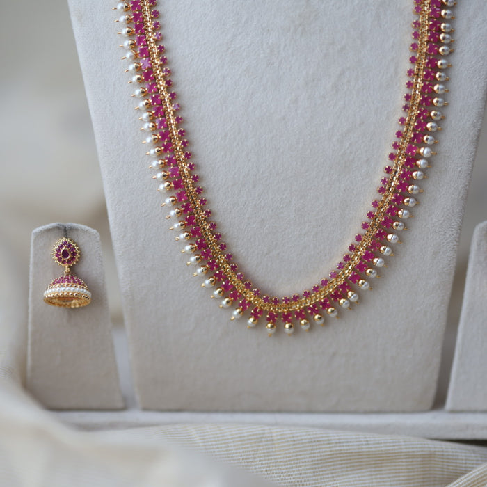 Heritage gold plated short and long ruby stone necklace set with earrings HPS677