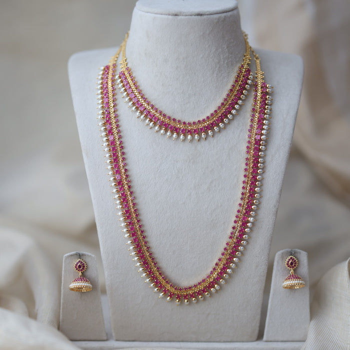 Heritage gold plated short and long ruby stone necklace set with earrings HPS677
