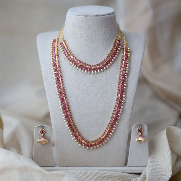 Heritage gold plated short and long ruby stone necklace set with earrings HPS677
