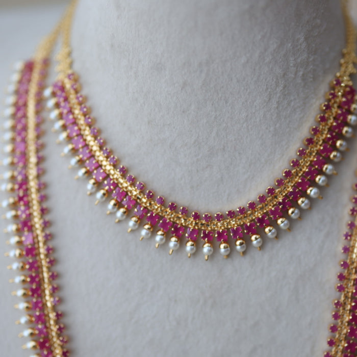 Heritage gold plated short and long ruby stone necklace set with earrings HPS677